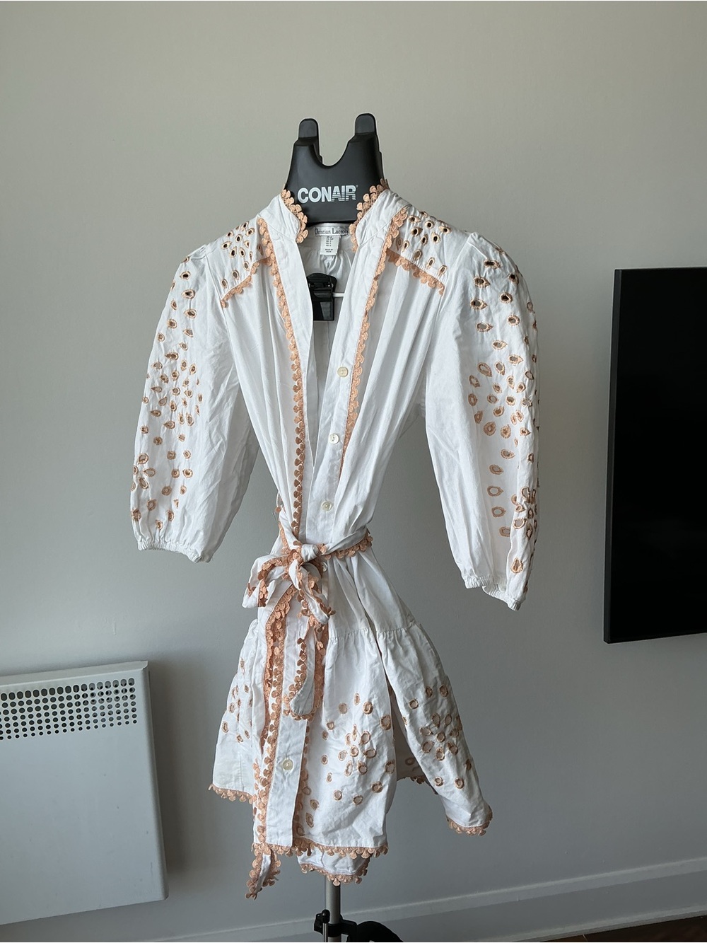 Christian Lacroix White Embroidered Puff Sleeve Shirt Dress with Peach Trim